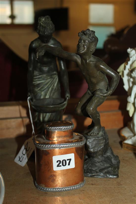 Spelter female water carrier & another of a boy & copper tobacco box